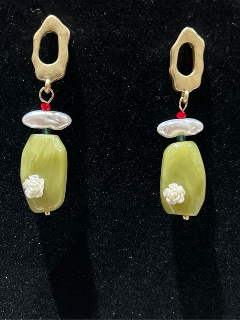 Gold color Drop Earrings with Olive Green Beads and faux Pearls